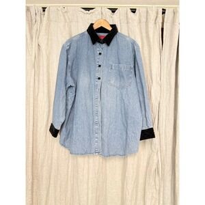 Venezia Jeans Denim Shirt Womens 18/20 Light Wash Corduroy Collar Cuffs Vintage
